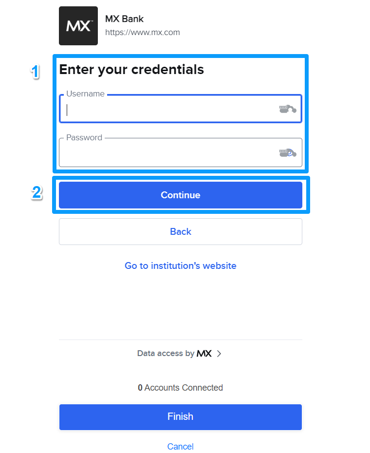 Image shows a log in screen. A blue box outlines the login area  of the form. A second blue box outlines the Continue button below the username and password.