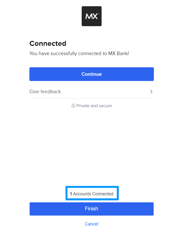 An image with a blue outline around the text 1 Accounts Connected. This indicates one account has been successfully connected.