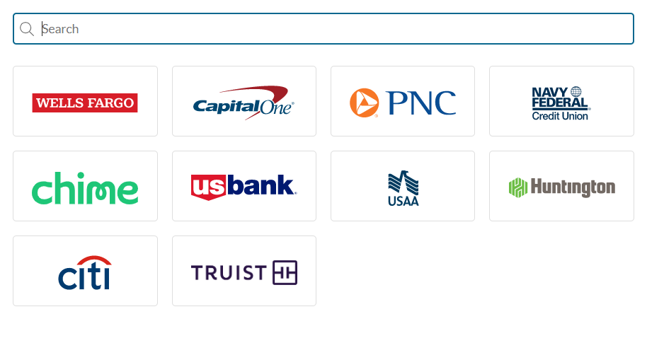 Screenshot of a list of banks and their logos. The top of the image shows a search bar.