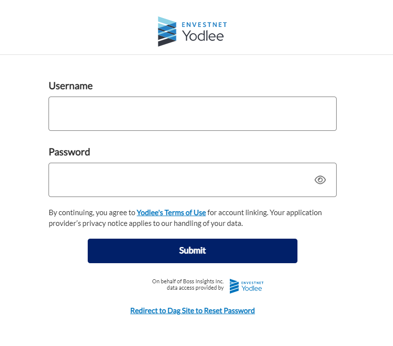 screenshot of a log in screen with two input fields for a username and password. There is a dark Submit button at the bottom of the form.