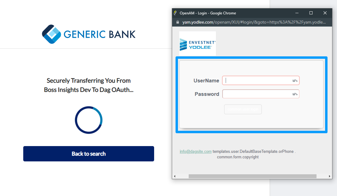 An image of a loading screen and a second browser window. The second window is a log in form.